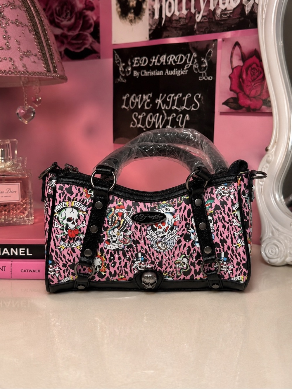 Ed Hardy Pink Leopard Skull Tattoo Y2K Shoulder Bag Purse NWT